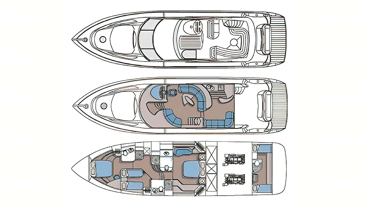 Арнеда яхты Sunseeker 64 с флайбриджем в Дубае, ОАЭ - планы палуб